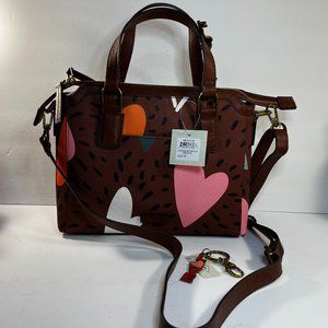 Fossil Jacqueline Hearts Handbag Purse ZB1574745Brown w/ LOVE keychain New